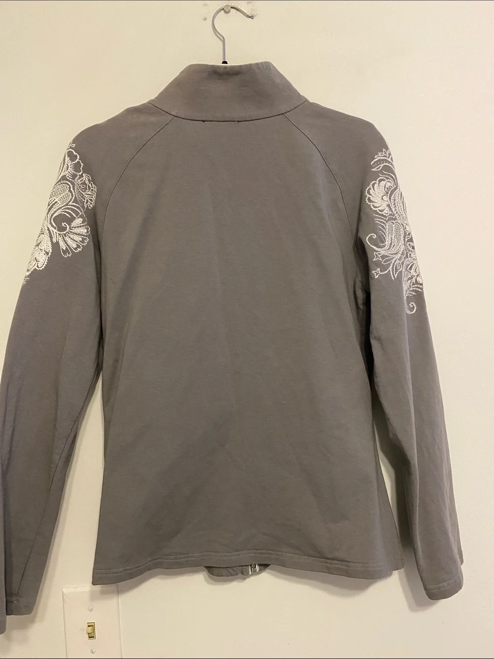 Boston Proper Gray Embroidered Zip Jacket. Pockets on either side.